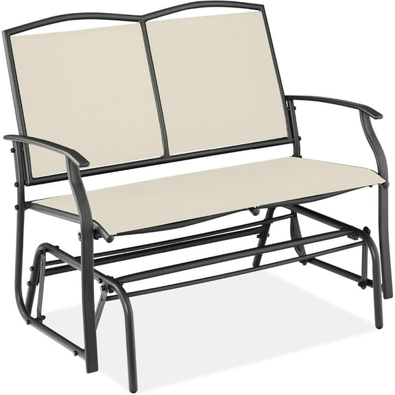 WYDK 2-Person Outdoor Patio Swing Glider Steel Bench Loveseat Rocker for Deck, Porch w/Textilene Fabric, Steel Frame-Ivory/Gray