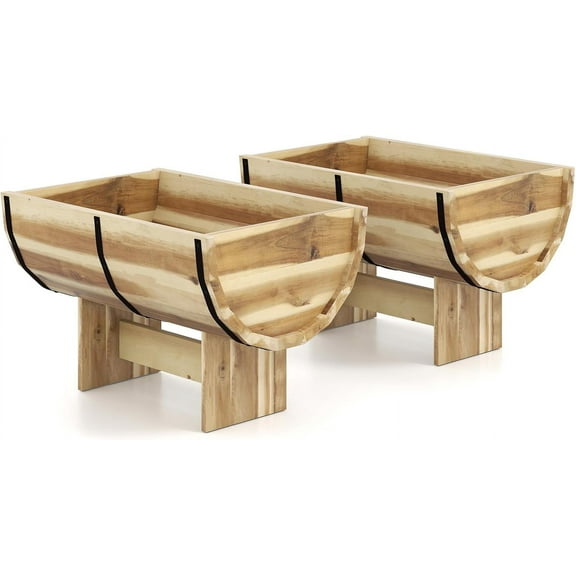 WYDK 2 Pieces Acacia Wood Raised Garden Beds, Half-Barrel Planter Box with Legs, Drainage Gaps & Metal Bands, Rustic Plant Box Decorative Elevated Flower Pot for Indoor & Outdoor