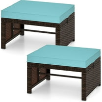 WYDK 2 Pieces Patio PE Rattan Ottomans, Multipurpose Outdoor Footstool Footrest Additional Seating Side Table with Soft Zippered Cushions for Deck, Garden, Poolside and Yard (Turquoise)