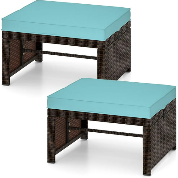 WYDK 2 Pieces Patio PE Rattan Ottomans, Multipurpose Outdoor Footstool Footrest Additional Seating Side Table with Soft Zippered Cushions for Deck, Garden, Poolside and Yard (Turquoise)