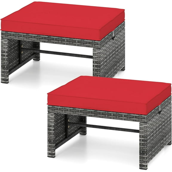 WYDK 2 Pieces Patio PE Rattan Ottomans, Multipurpose Outdoor Footstool Footrest Additional Seating Side Table with Soft Zippered Cushions for Deck, Garden, and Yard (Red)