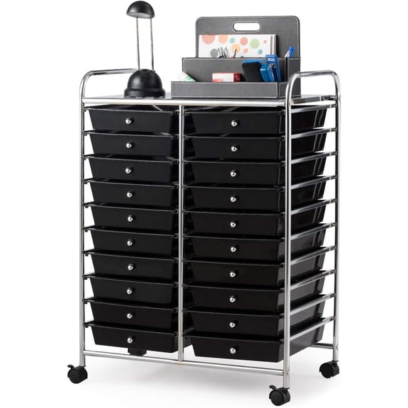 WYDK 20 Drawer Rolling Storage Cart Tools Scrapbook Paper Office School Organizer (25 x 15 x 35 Inch, Black)