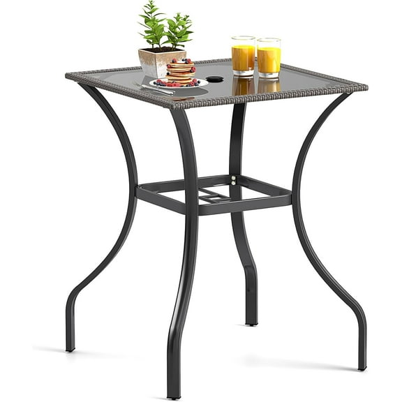 WYDK 37 Height Bistro Table with Umbrella Hole, Tempered Glass Top & Wicker Covered Edge, Counter Height Square Outdoor Bar Table for Garden, Patio, Poolside & Deck
