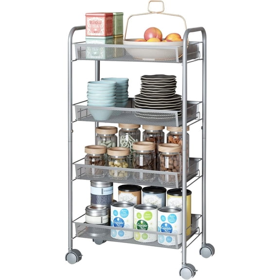 WYDK 4-Tier Metal Rolling Cart on Wheels with Baskets,Mesh Storage Pantry Cart Lockable Utility Trolley with Handles for Kitchen Bathroom Closet, Storage with Removable Shelves, Silver