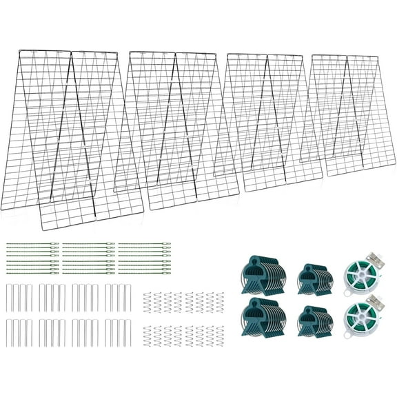 WYDK 46 x 34 Inch Cucumber Trellis for Garden, 16 PCS Foldable A-Shape Plant Support W/36 Clips, 32 Ground Stakes, 16 Spiral Connectors, 24 Cable Tie, Twist Tie, Garden Trellis for Climbing Plants