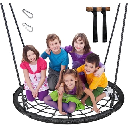 WYDK 48'' Spider Web Hanging Saucer Tree Swing Set Rotating Adjustable Height Hanging Rope Attaches to Trees or Existing Outdoor Flying Saucer Swing Sets for Kids, Teens, Youth and Adult, Black