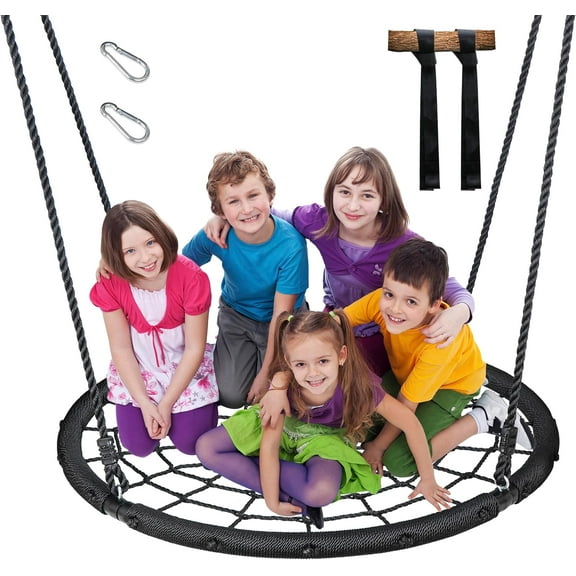 WYDK 48'' Spider Web Hanging Saucer Tree Swing Set Rotating Adjustable Height Hanging Rope Attaches to Trees or Existing Outdoor Flying Saucer Swing Sets for Kids, Teens, Youth and Adult, Black
