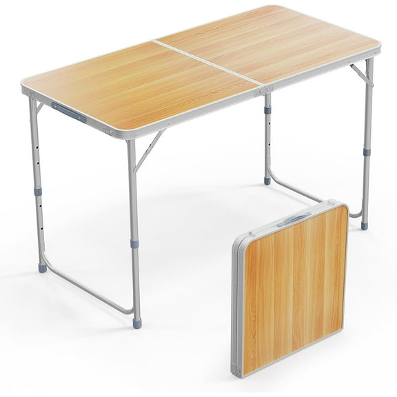 WYDK 4ft-2 folds White Folding Table with Carrying Handle Height Adjustable Lightweight Fold Up Portable for Indoor Outdoor Picnic,Camping,Hiking,Fishing,BBQ,Natural