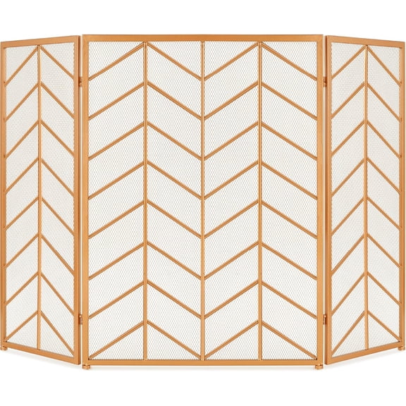 WYDK 52x31in 3 Panel Chevron Fireplace Screen, Mid Century Modern Wrought Iron Hand Crafted Fire Place Guard for Living Room Home Decor, Steel Mesh - Gold
