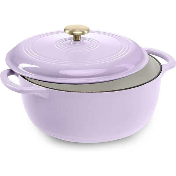 WYDK 6 Quart Enamel Cast-Iron Round Dutch Oven, Family Style Heavy-Duty Pre-Seasoned Cookware for Home, Kitchen, Dining Room, Oven Safe w/Lid, Dual Handles - Lavender Mist