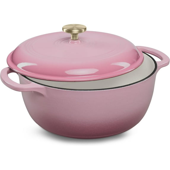 WYDK 6 Quart Enamel Cast-Iron Round Dutch Oven, Family Style Heavy-Duty Pre-Seasoned Cookware for Home, Kitchen, Dining Room, Oven Safe w/Lid, Dual Handles - Pink Champagne