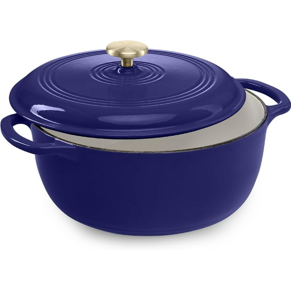 WYDK 6 Quart Enamel Cast-Iron Round Dutch Oven, Family Style Heavy-Duty Pre-Seasoned Cookware for Home, Kitchen, Dining Room, Oven Safe w/Lid, Dual Handles - Sapphire Blue