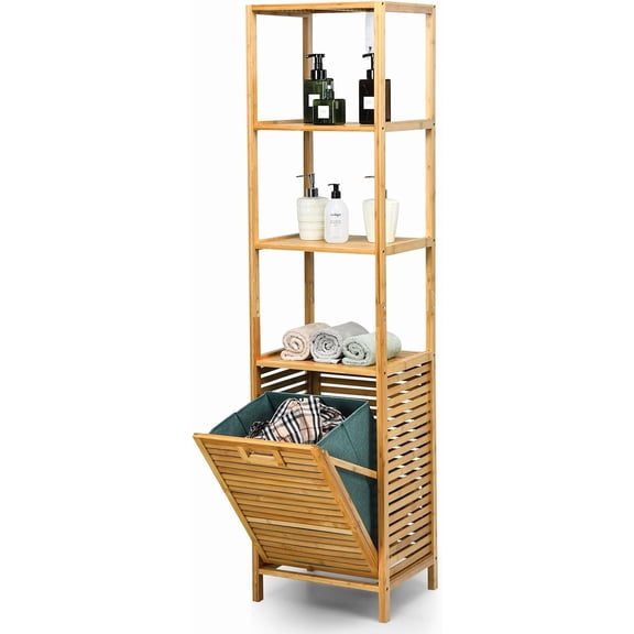 WYDK 63'' Tilt Out Laundry Hamper and 4-Tier Storage Shelves, Removable Clothes Basket with Easy Carry, Bamboo Tower Hamper Organizer, Great for Bathroom, Bedroom, Laundry Room, Closet, Nursery