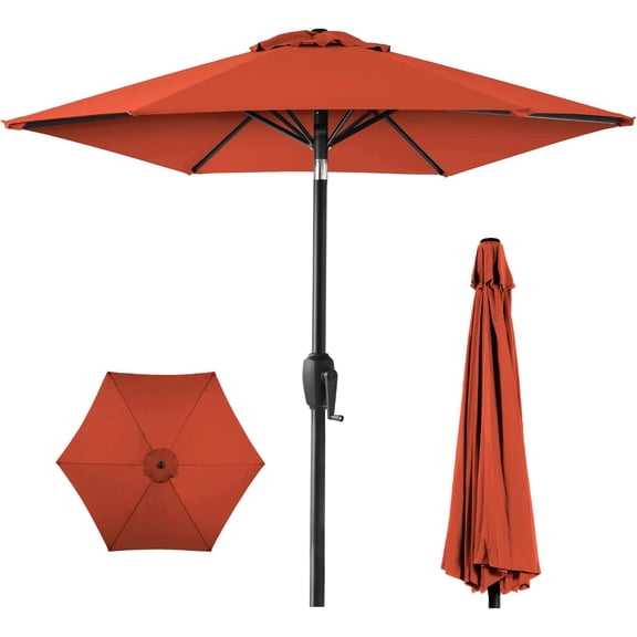 WYDK 7.5ft Heavy-Duty Round Outdoor Market Table Patio Umbrella w/Steel Pole, Push Button Tilt, Easy Crank Lift - Rust