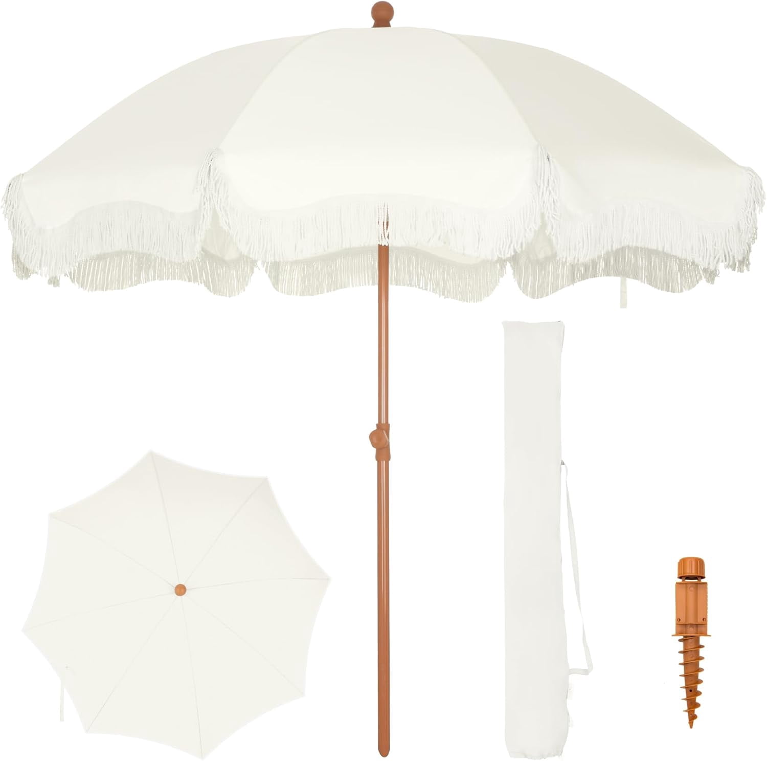 WYDK 7ft Beach Umbrella with Fringe & Sand Anchor, Outdoor Patio Heavy Duty Windproof Portable Tassel Umbrellas for Sand with Push Button Tilt & Carrying Bag, UPF 50+, White(No Base)