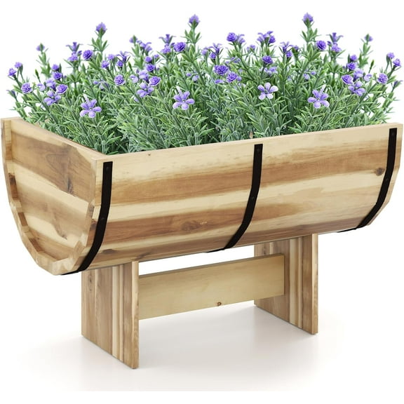 WYDK Acacia Wood Raised Garden Bed, Half-Barrel Planter Box with Legs, Drainage Gaps & Metal Bands, Rustic Plant Box Decorative Elevated Flower Pot for Indoor & Outdoor
