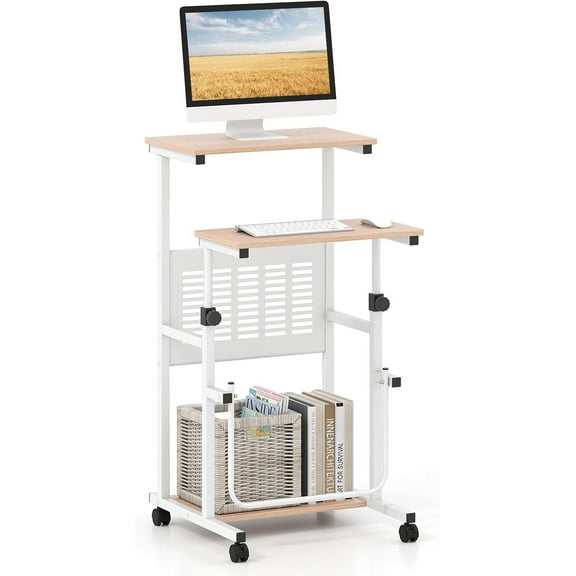 WYDK Adjustable Standing Desk, Mobile Rolling Computer Desk with Storage Shelf, Portable Laptop Table with Footrest, Mesh Panel, Lockable Wheels, Sit Stand Workstation for Home Office(Oak)