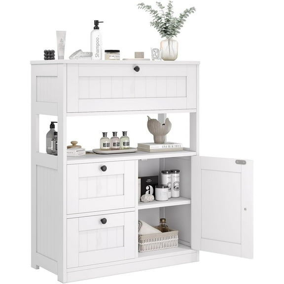WYDK Bathroom Cabinet, Modern Bathroom Floor Storage Cabinet Organizer with 1 Door and 3 Drawers, Freestanding Cupboard for Kitchen/Living Room Use(White1/Three Drawers&One Door)