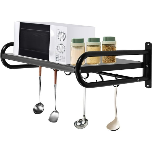 WYDK Carbon Steel Wall Shelf Metal Floating Shelves Heavy Duty Wall Mount Microwave Oven Shelf with 6 Hooks for Hanging Cooking Utensils or Mugs Black