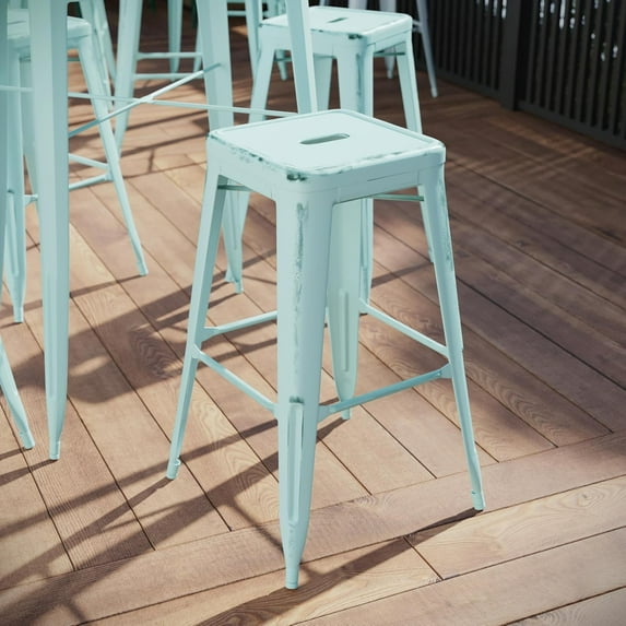 WYDK Commercial 30" H Backless Distressed Metal Indoor-Outdoor Barstool,Industrial backless bar height stool for your patio, restaurant, hotel,Green-blue