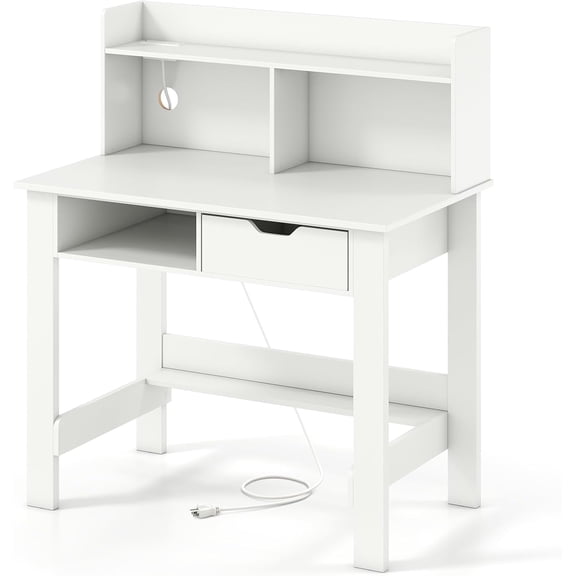 WYDK Computer Desk with Drawers, 37.5’’ Writing Desk with Storage Shelves & Power Outlet, Wood Vanity Makeup Table, Small Desk for Bedroom, Living Room, Study, Home Office (White)