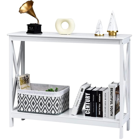 WYDK Console Table 2-Tier with Storage Shelf,X-Design Bookshelf Narrow Accent Table for Entryway Hallway Living Room Sofa Side Table (White)