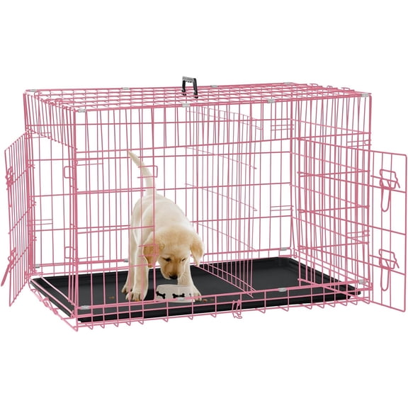 WYDK Dog Crate for Large Medium Small Dogs, Folding Dog Kennel Cage with Plastic Tray & Divider 48"/42"/ 36"/ 30"/ 24" Indoor Outdoor Metal Double Door Heavy Duty Dog Pen Enclosure, Pink(24 Inch)