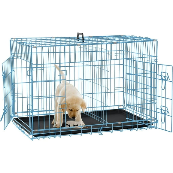 WYDK Dog Crate for Large Medium Small Dogs, Folding Dog Kennel Cage with Plastic Tray & Divider 48"/42"/ 36"/ 30"/ 24" Indoor Outdoor Metal Double Door Heavy Duty Dog Pen Enclosure, Blue(24 Inch)