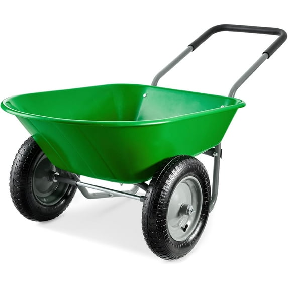 WYDK Dual-Wheel Home Utility Yard Wheelbarrow Garden Cart w/Built-in Stand for Lawn, Gardening, Construction - Bright Green