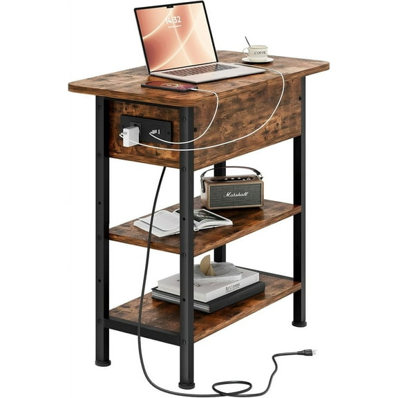 WYDK End Table with Charging Station, Flip Top Side Table with USB Ports and Outlets, 3-Tier Small Side Table with Storage for Small Space, End Tables for Living Room/Bedroom, Brown