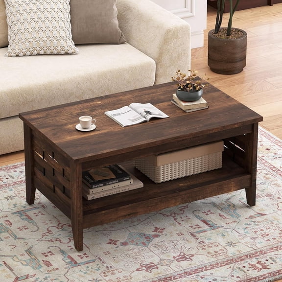 WYDK Farmhouse Coffee Table, 2-Tier Center Table with Storage Open Shelf & Woven Slatted Design, 39.5" Rectangular Accent Cocktail Table, Wood Coffee Tables for Living Room (Rustic Brown)
