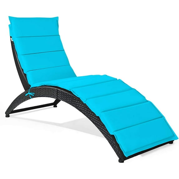 WYDK Foldable Patio Lounge Chair, Outdoor Rattan Wicker Chaise with Cushion for Backyard Garden Lawn Balcony Poolside, Turquoise