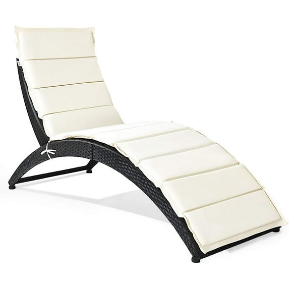 WYDK Foldable Patio Lounge Chair, Outdoor Rattan Wicker Chaise with Cushion for Backyard Garden Lawn Balcony Poolside, White