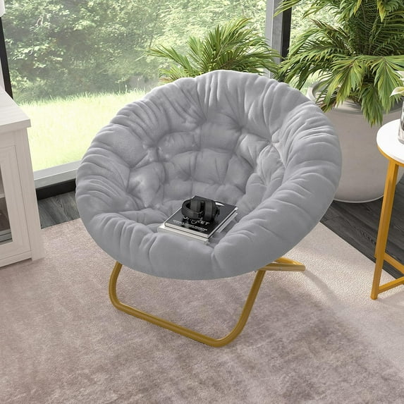 WYDK Folding Saucer Chair - Black Faux Fur Cushion - 38" Oversized Design - Gray/Soft Gold - No Assembly - Holds 300 lbs. Static Weight