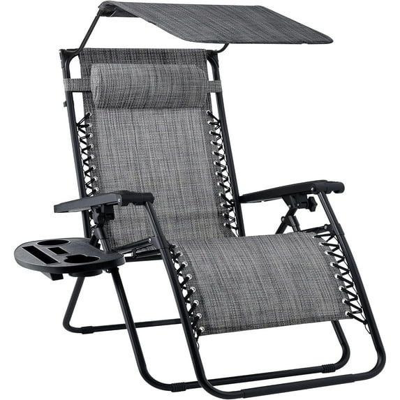 WYDK Folding Zero Gravity Outdoor Recliner Patio Lounge Chair w/Adjustable Canopy Shade, Headrest, Side Accessory Tray, Textilene Mesh - Gray