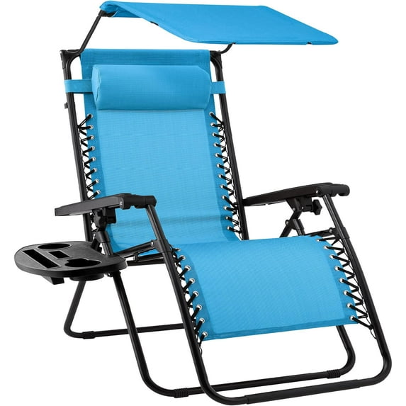 WYDK Folding Zero Gravity Outdoor Recliner Patio Lounge Chair w/Adjustable Canopy Shade, Headrest, Side Accessory Tray, Textilene Mesh - Light Blue