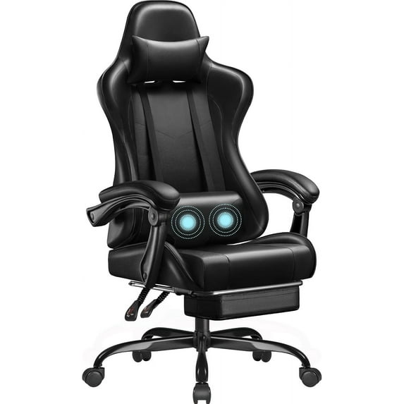 WYDK Gaming Chair, Video Game Chair with Footrest and Massage Lumbar Support, Ergonomic Computer Chair Height Adjustable with Swivel Seat and Headrest (Dark Black)