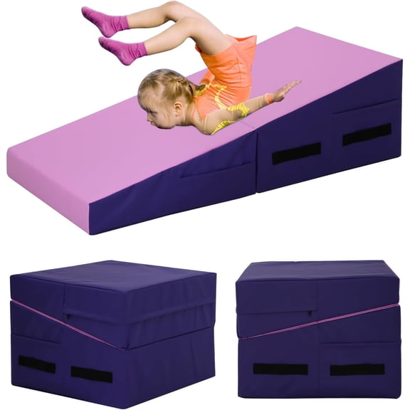 WYDK Gymnastics Mat 34”X24”X14” Incline Tumbling Mats for Home Gym, Folding Exercise Mat Cheese Wedge Mat with Non-Slip PVC Surface & Handles for Kid Adults Workout,Pink
