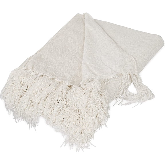 WYDK Internet's Best Chenille Throw Blankets - Teal - Ultra Soft Couch Blanket with Fringe - Light Weight Sofa Throw - 100% Microfiber Polyester - Easy Travel - Bed - 50 x 60,Ivory