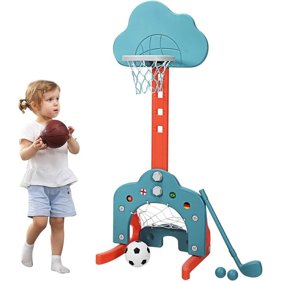 WYDK Kids Basketball Hoop, Toddler Sports Activity Center w/ 5 Adjustable Height Levels, Basketball Soccer Golf Game Set, Indoor Outdoor Basketball Hoop Set Best Gift for Baby Infant ,Green Clouds
