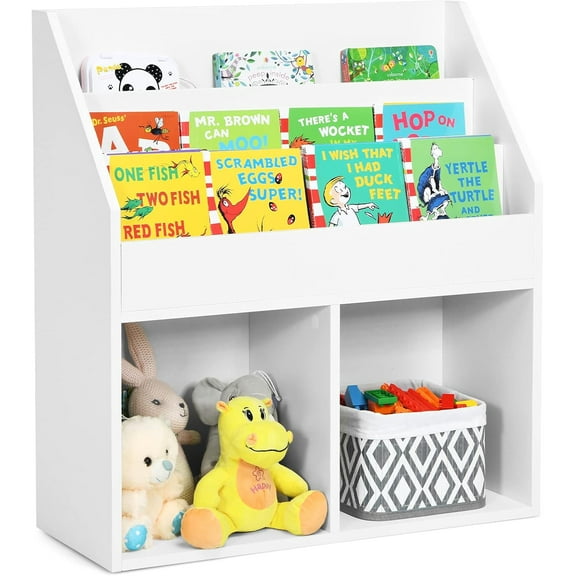 WYDK Kids Bookshelf, Wooden Toy Storage Cabinet Organizer with Shelves & 2 Large Cubes, 2-in-1 Children Bookcase Display Sling Book Rack for Kids Room, Bedroom, Nursery, Kindergarten (White)