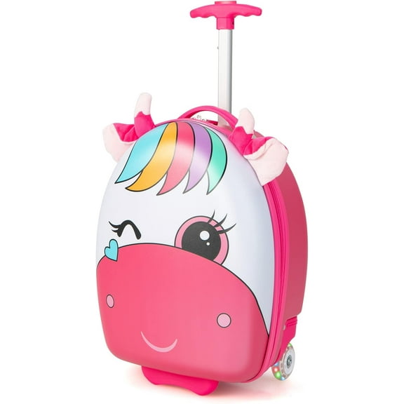 WYDK Kids Luggage, 16’’ Carry on Suitcase with LED Wheels, Waterproof Hard Shell, Lightweight Rolling Luggage for Travel, Birthday Christmas Gifts for Toddlers, Children, Boys, Girls (Pink)