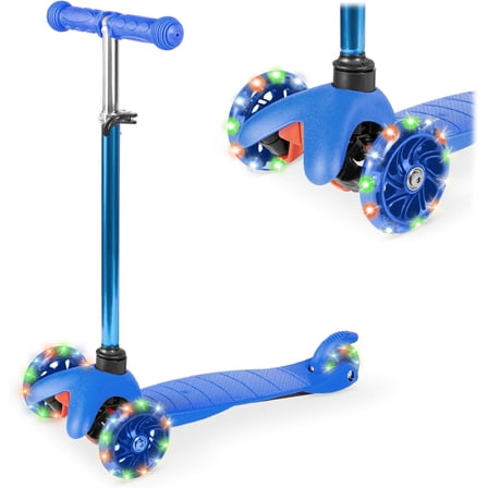 WYDK Kids Mini Kick Scooter Toy w/ Light-Up Wheels, Height Adjustable T-Bar, Foot Break - Blue