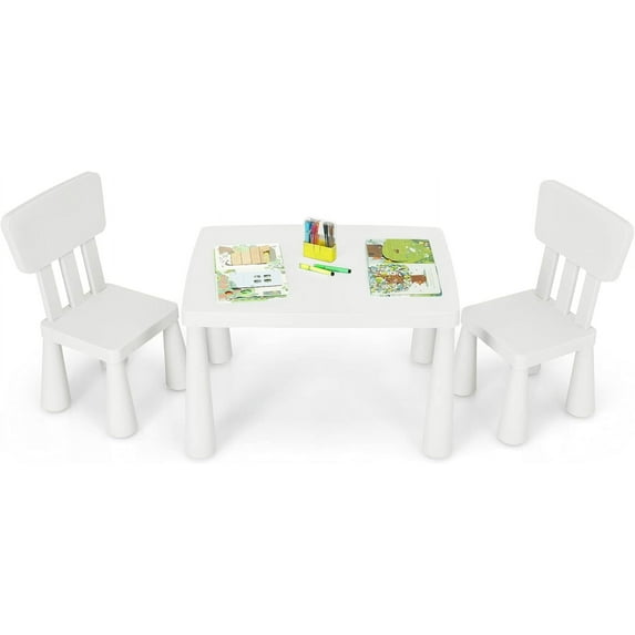 WYDK Kids Table and Chair Set, 3 Piece Plastic Children Activity Table for Reading, Drawing, Snack Time, Arts Crafts, Preschool, Kindergarten & Playroom, Easy Clean, Toddler Table & Chair (White)