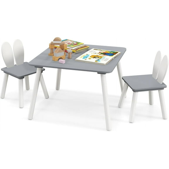 WYDK Kids Table and Chair Set, 3 Pieces Wooden Activity Table & 2 Rabbit Shaped Chairs with Solid Wood Legs, Space-Saving Design, Toddler Table and Chairs for Children Playroom Kindergarten (Gray)