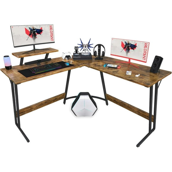 WYDK L Shaped Gaming Desk Computer Corner Desk PC Gaming Desk Table with Large Monitor Riser Stand for Home Office Sturdy Writing Workstation (Classical Brown, 51 Inch)
