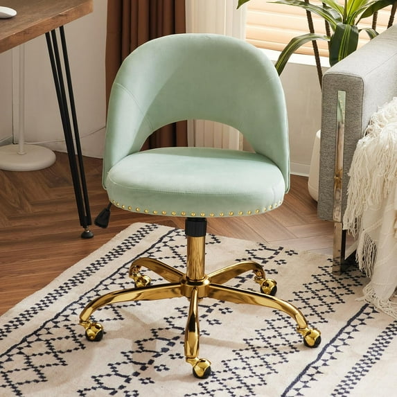 WYDK Modern Velvet Small Office Chair,Cute Desk Chair with Wheels,Gold Base/Studs, Comfy Armless Swivel Vanity Task Chair for Women/Girl/Kids, Nail Tech Chair for Bedroom,Small Space,Mint Green
