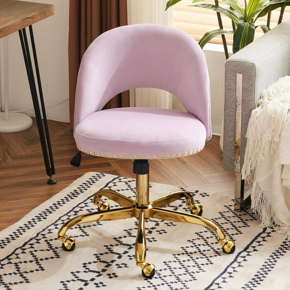 WYDK Modern Velvet Small Office Chair,Cute Desk Chair With Wheels,Gold Base/Studs,Comfy Armless Swivel Vanity Task Chair For Women/Girl/Kids,Nail Tech Chair For Office,Small Space,Mauve Light Purple