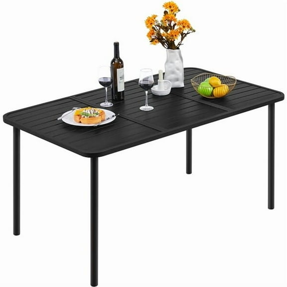 WYDK Outdoor Dining Table for 6 Person, Rectangular Slatted Metal Patio Table for Deck Garden Lawn Backyard Use, Black