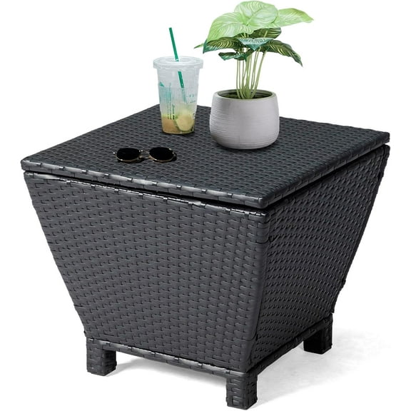 WYDK Outdoor Side Table, Rattan Coffee Table with Storage 13 Gallon Patio Small Deck Storage Box for Cushion Towel Books, Brown Side Table with lid